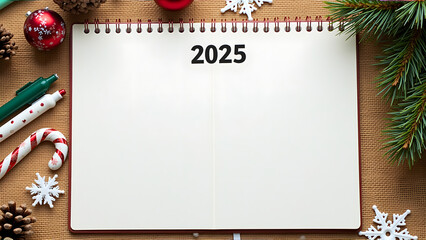 2025 New Year's Resolution Planner: Open notebook with "2025" written on it surrounded by festive Christmas decorations, including pine cones, candy canes, and snowflakes.
