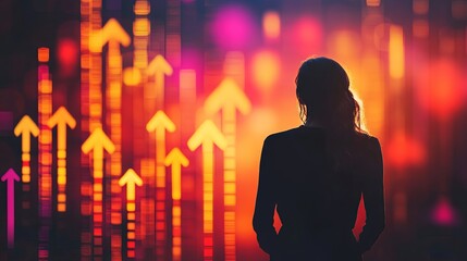 A woman alongside rising arrow symbols representing career development, growth, and success