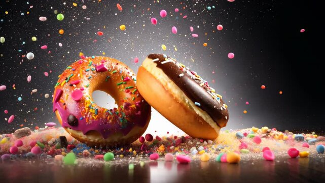 Delicious donuts exploding with colorful sprinkles on dark background