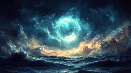 Mystical moonlit stormy sea.