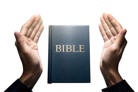 Hand praying over Bible book, prayer, culture and religion, transparent background	
