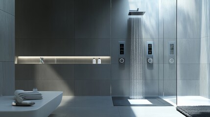 A high-tech smart shower system with touch controls and customizable settings in a sleek bathroom, symbolizing modern personal care and tech integration, Bathroom scene