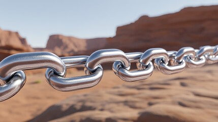 Close-up view of heavy steel chains suspended from a rock wall, showcasing the dramatic textures of the red cliffs in bright daylight