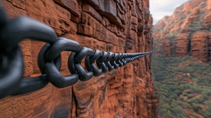 Close-up view of heavy steel chains suspended from a rock wall, showcasing the dramatic textures of the red cliffs in bright daylight