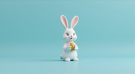 A cute white rabbit with eggs, a ribbon, and a red bow, celebrating Easter in a fun and colorful cartoon style, Generative Ai