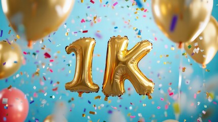 Celebrate reaching 1,000 subscribers with golden foil "1K" balloons surrounded by colorful flying confetti. A festive, joyful atmosphere banner