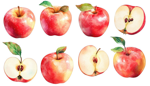 Watercolor Red Apples Whole Halved Fruit Food Nature