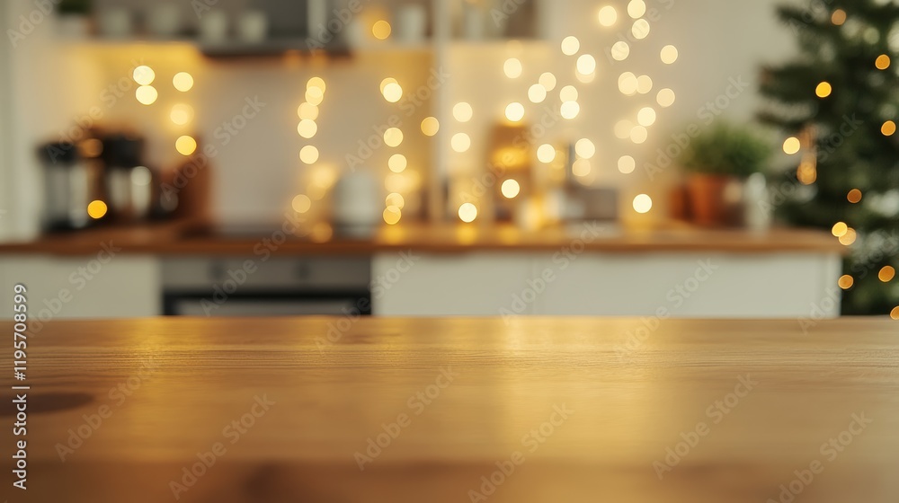 Aufkleber empty wooden table top with blurred christmas kitchen with warm lights bokeh background presenting f