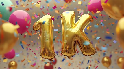 Celebrate reaching 1,000 subscribers with golden foil "1K" balloons surrounded by colorful flying confetti. A festive, joyful atmosphere banner