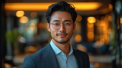 Confident Young Man in Blazer Portrait, Warm Lighting, Blurred Background