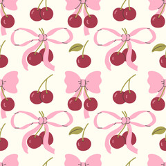 Pattern with cherries and bows on a light background