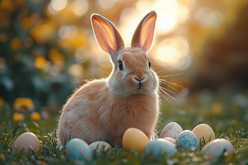 Easter bunny with painted easter eggs