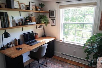 Fototapeta premium Inspiring Home Office with Wooden Desk and Plants