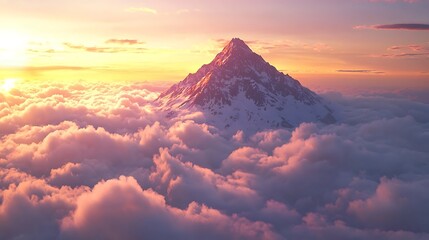 A dramatic mountain peak rising above a blanket clouds with soft pink and orange hues from the setting sun