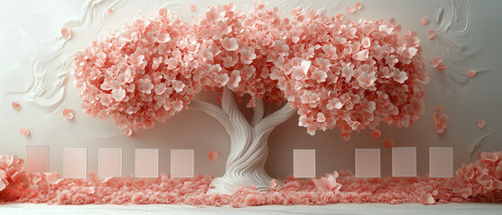 Pink and white blooming genealogical family tree template with blank empty cells on soft background. ancestry, heritage	