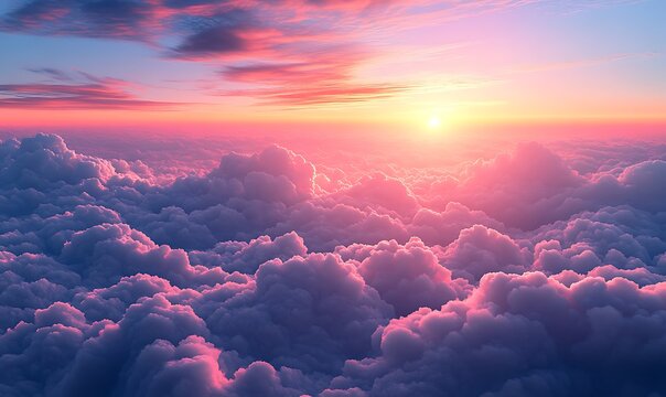 A serene aerial shot of the sun rising above a drifting cloud layer