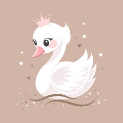 Cute white swan with pink crown on beige background. Children's illustration, postcard, template for congratulations. © Tatiana