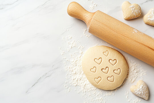 Heart shaped cookie dough with a rolling pin and flour on a white marble background. Valentine's Day baking concept symbolizing love and creativity