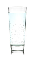 Refreshing soda water in glass on mirror surface isolated on white