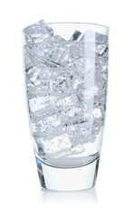 Refreshing soda water with ice cubes in glass isolated on white