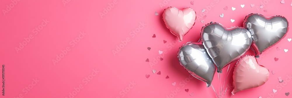 Poster pink and silver heart shaped balloons floating on a pink background with confetti create a festive a