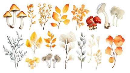 Set of edible mushrooms - birch bolete, russula, honey mushroom, champignon, chanterelle, enoki, tricholoma, porcini and autumn elements. watercolor hand drawn illustration. Firethorn. Illustration