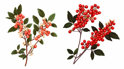 Fototapeta premium Set of pyracantha coccinea (scarlet firethorn) and clethra alnifolia (the coastal sweetpepperbush) frontal isolated png on a transparent background perfectly cutout. Firethorn. Illustration