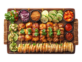 Vibrant Thai Street Food Platter with Flavorful Grilled Skewers