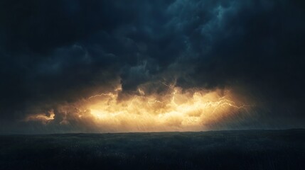 Obraz premium A dramatic shot a thunderstorm over a vast prairie with lightning illuminating the dark sky