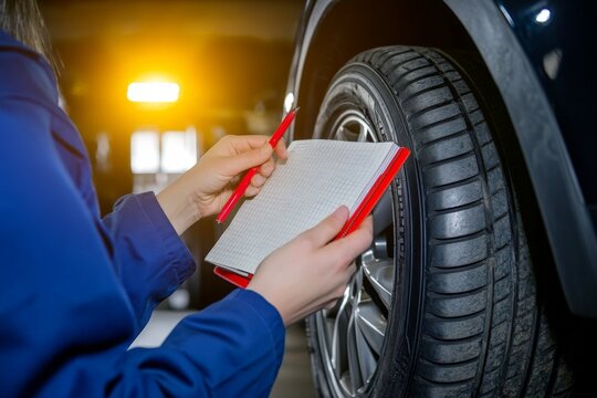 Female mechanic checking tire tread depth with notepad in workshop