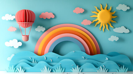 Colorful whimsical scene with a hot air balloon, a rainbow, a sun, clouds, and waves, all created in a paper-cut style, making it visually appealing and playful.
