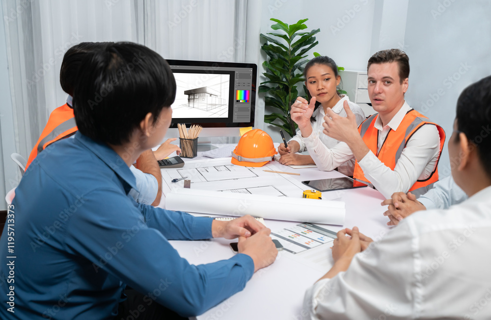 Poster diverse group of civil engineer and client working together on architectural project, reviewing cons