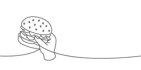 Hand holding a burger one line continuous drawing. Traditional American fast food. Vector illustration.