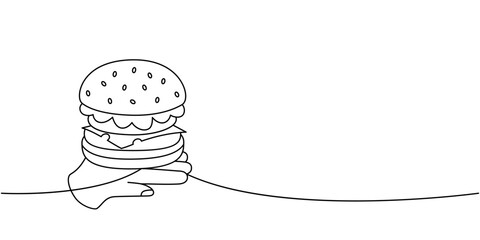 Burger hold on human hand one line continuous drawing. Traditional American fast food. Vector illustration.