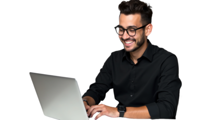 Retrato de homem jovem de negócios com notebook sorrindo fundo transparente