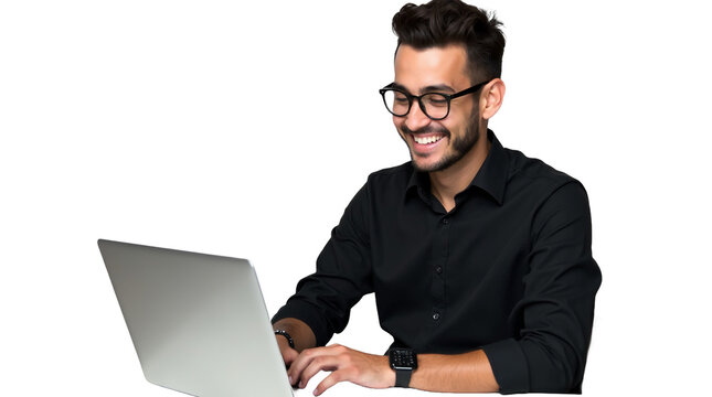 Retrato de homem jovem de neg&oacute;cios com notebook sorrindo fundo transparente