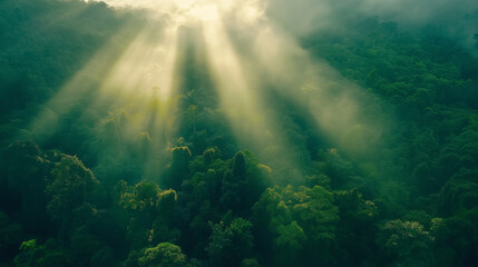 Obraz premium Golden Rays of Sunlight Filtering Through Trees in a Serene Green Forest Tranquil Nature Photography