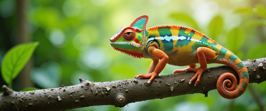 Vibrantly colored chameleon perched on a branch amidst lush greenery, conveying a sense of adaptability and blending with the environment