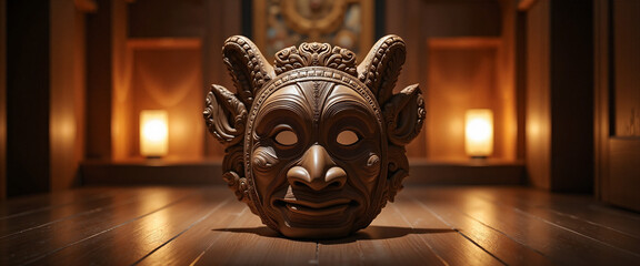 Carved wooden mask with intricate details, evoking a spiritual ambiance, representing cultural significance in a dimly lit room with candles illuminating the background