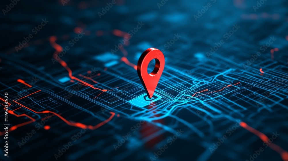 Aufkleber Red location pin showing destination on illuminated futuristic navigating map with blue and red light trails, representing global positioning system and online maps