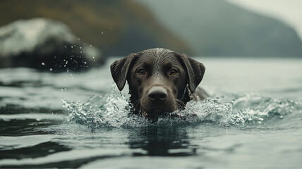 A Labrador Retriever happily swimming in a lake or ocean, splashing water. 