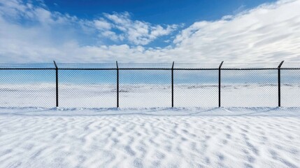 Chain-link fence glistens with snow under a clear blue sky in winter, showcasing intricate details and an isolated snowy plain