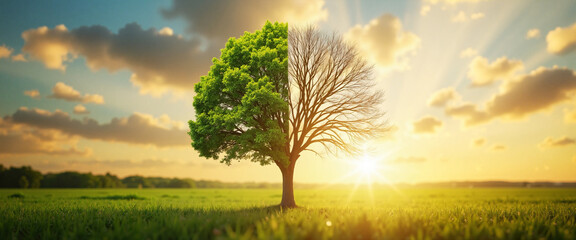 Cognitive dissonance represented by a tree split between vibrant green foliage and barren branches, evoking a feeling of contrast and conflict against a serene sunset background