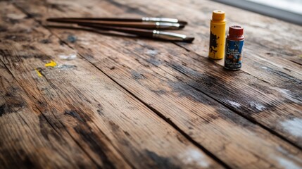 Paintbrushes and paint tubes on a rustic wooden table.