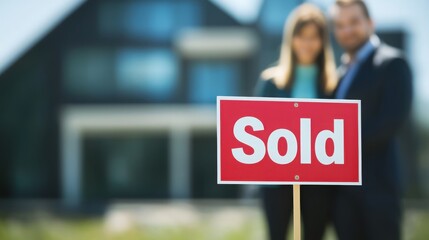 Financing terms for the property loan concept Couple celebrating home sale with sold sign