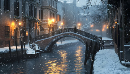 This captivating image showcases a scenic winter scene by a Venetian bridge, emphasizing the tranquil beauty of snow-covered pathways and warm city lights