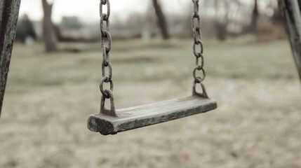 Rusty swing hanging on a chain in an empty park.