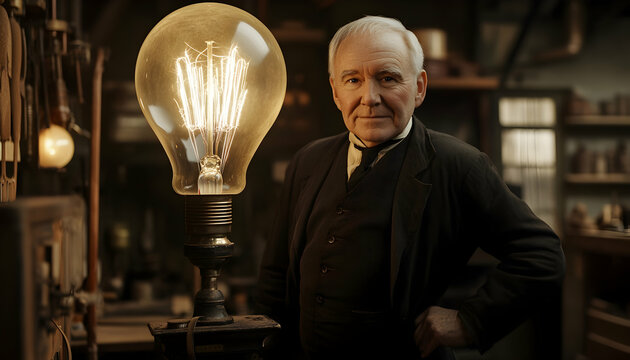 Thomas Edison, the famous inventor, in his workshop with a large light bulb glowing in the background