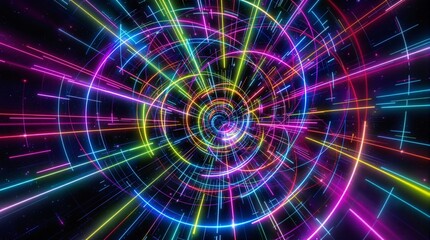 Fototapeta premium Vivid Fractal Patterns of Interwoven Light Beams in Neon Shades, Creating a Hypnotic Spiral in a Dark Cosmic Void, Perfect for Futuristic Artistic Designs and Tech-Inspired Concepts