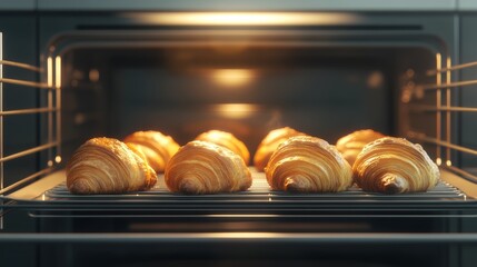 Golden brown croissants rest on a wire rack inside a brightly lit oven, showcasing the perfect bake and creating a warm, inviting atmosphere